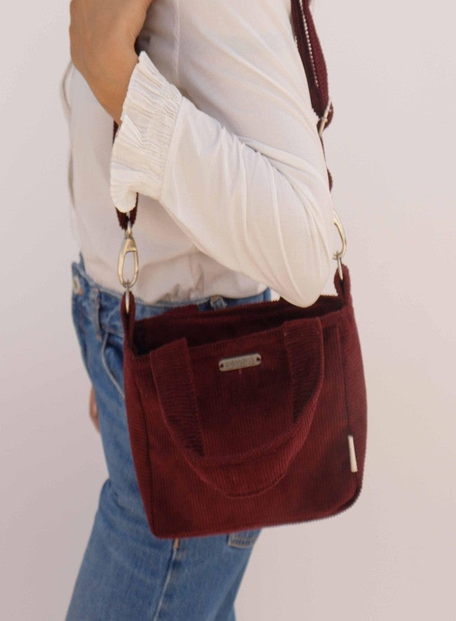 Ekatra Mini Tote Bag Cherry Red | Handcrafted Corduroy Tote with 4 Pockets & Detachable Strap | Compact Women’s Crossbody Handbag - Image 2